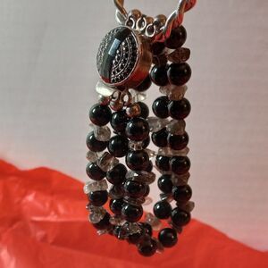 Silver Three Strand Black Onyx & light Colored Chips Bracelet Cottagecore